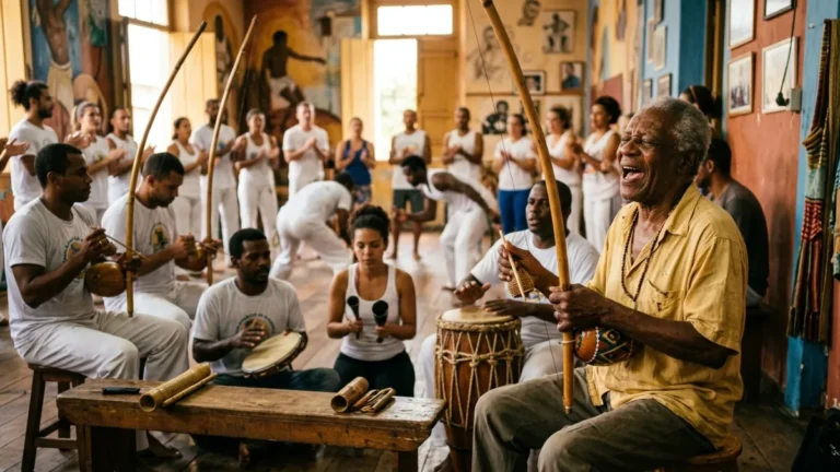 Ilustração: bateria de capoeira angola com berimbaus, pandeiro e atabaque enquanto o cantador puxa o corrido Ai, ai, Aidê