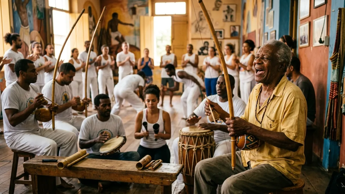 Ilustração: bateria de capoeira angola com berimbaus, pandeiro e atabaque enquanto o cantador puxa o corrido Ai, ai, Aidê