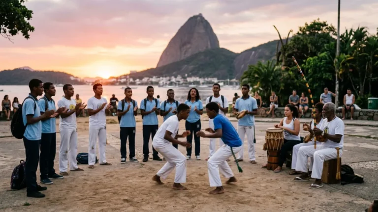 Ilustração: estudantes e capoeiristas em roda de capoeira ao pôr do sol no Rio de Janeiro, com o Pão de Açúcar ao fundo